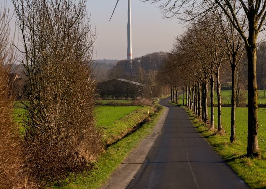 A wind turbine in a rural landscape